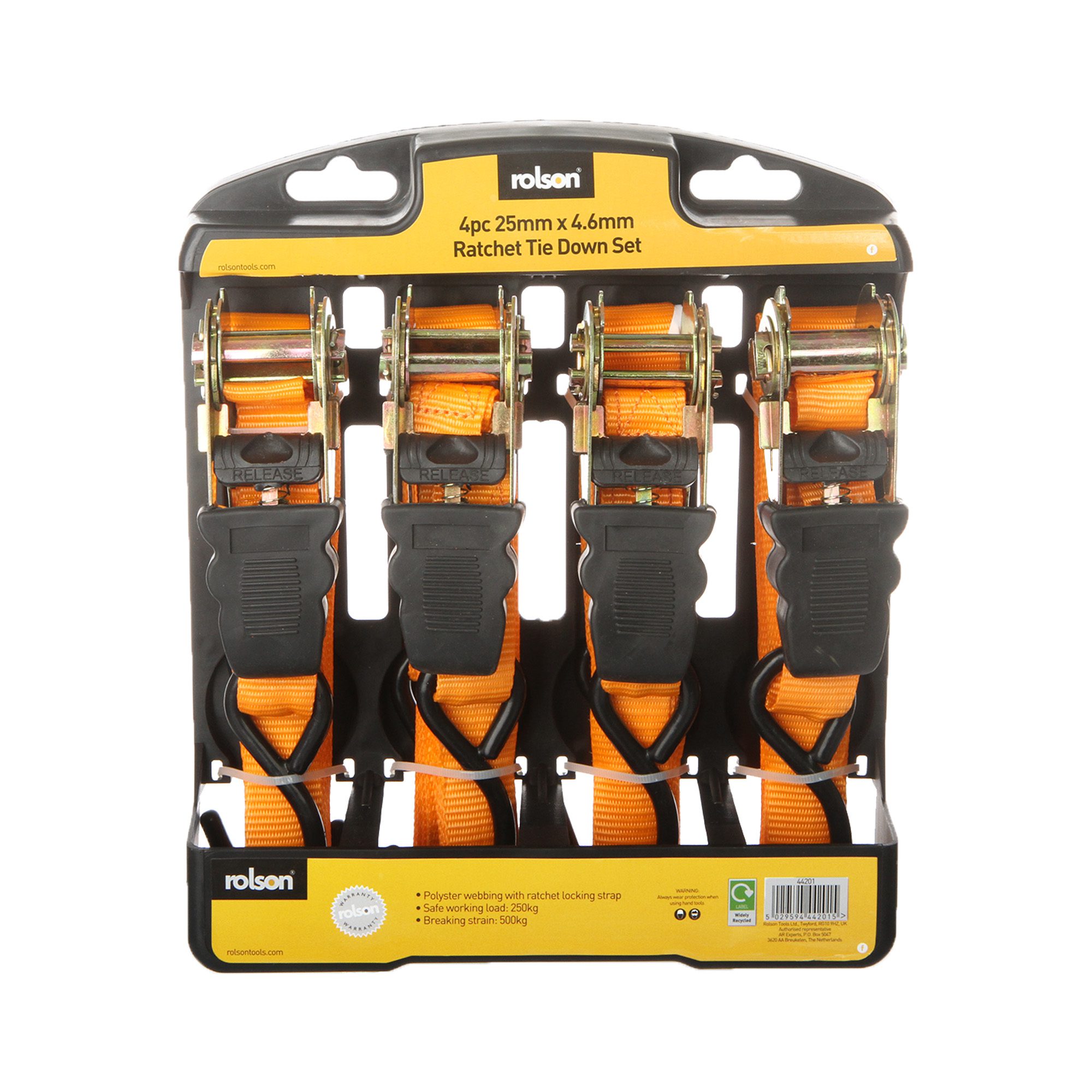 4 Piece Ratchet Tie Down Set 25mm x 4.5m 44201 Rolson Tools