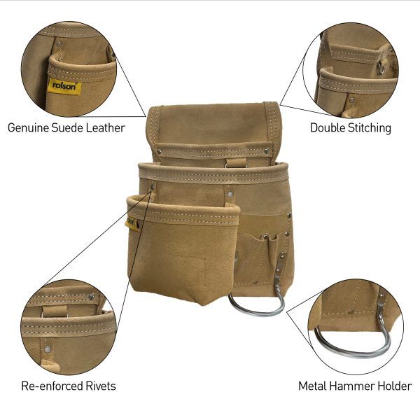 Rolson 68525 Multi Pocket leather tool Pouch with metal hammer holder great for all types of tradesman and DIY'ers
